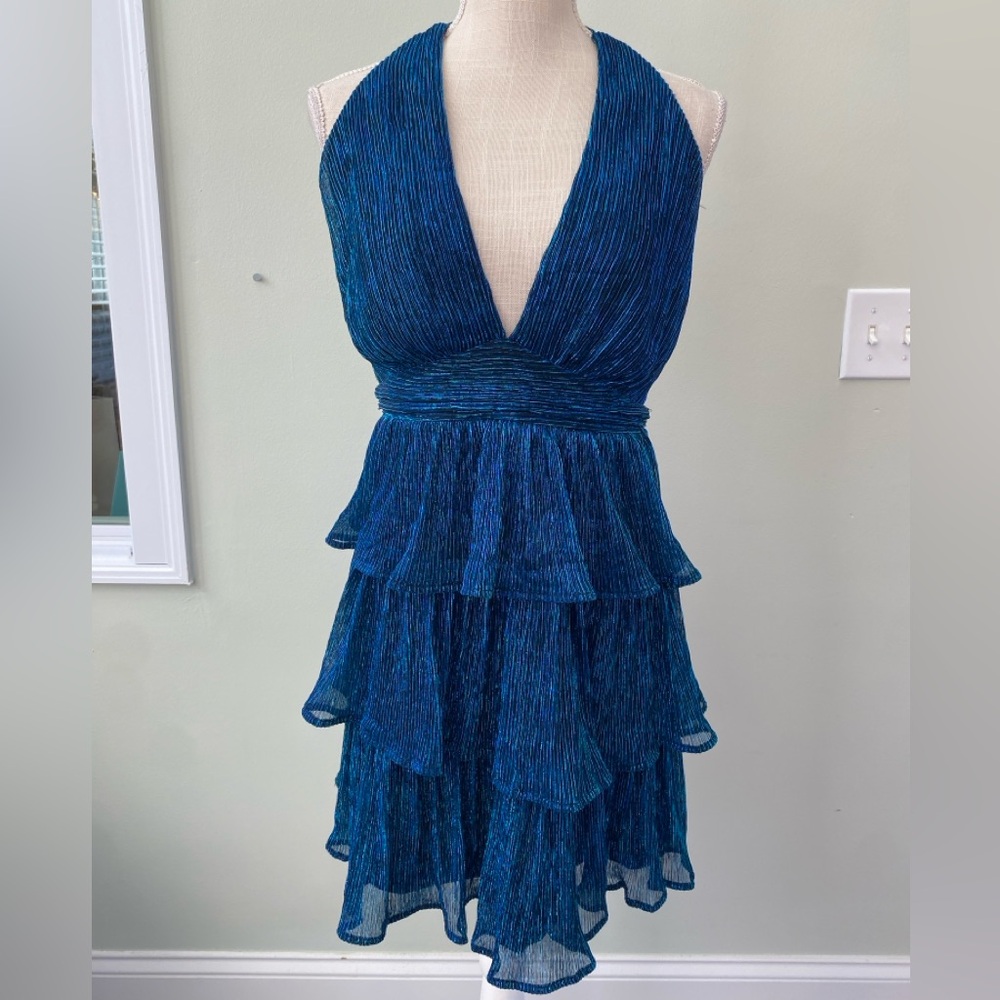 LULU’S FLIRTY FLOUNCE SHINY METALLIC MINI TIERED RUFFLE MINI DRESS LARGE HALTER